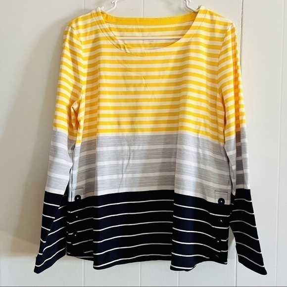 T by Talbots Yellow Black Gray & White Striped Top with Button Side Hem PL NWOT - Picture 9 of 9